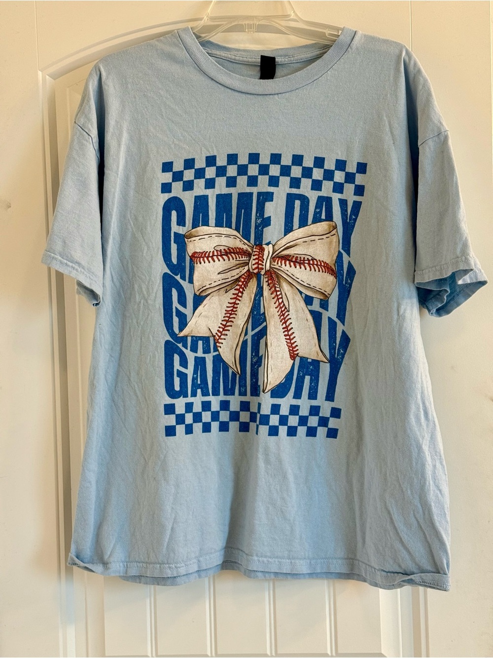 Gildan Light Blue Tee with Blue Game Day Graphic and Baseball Bow